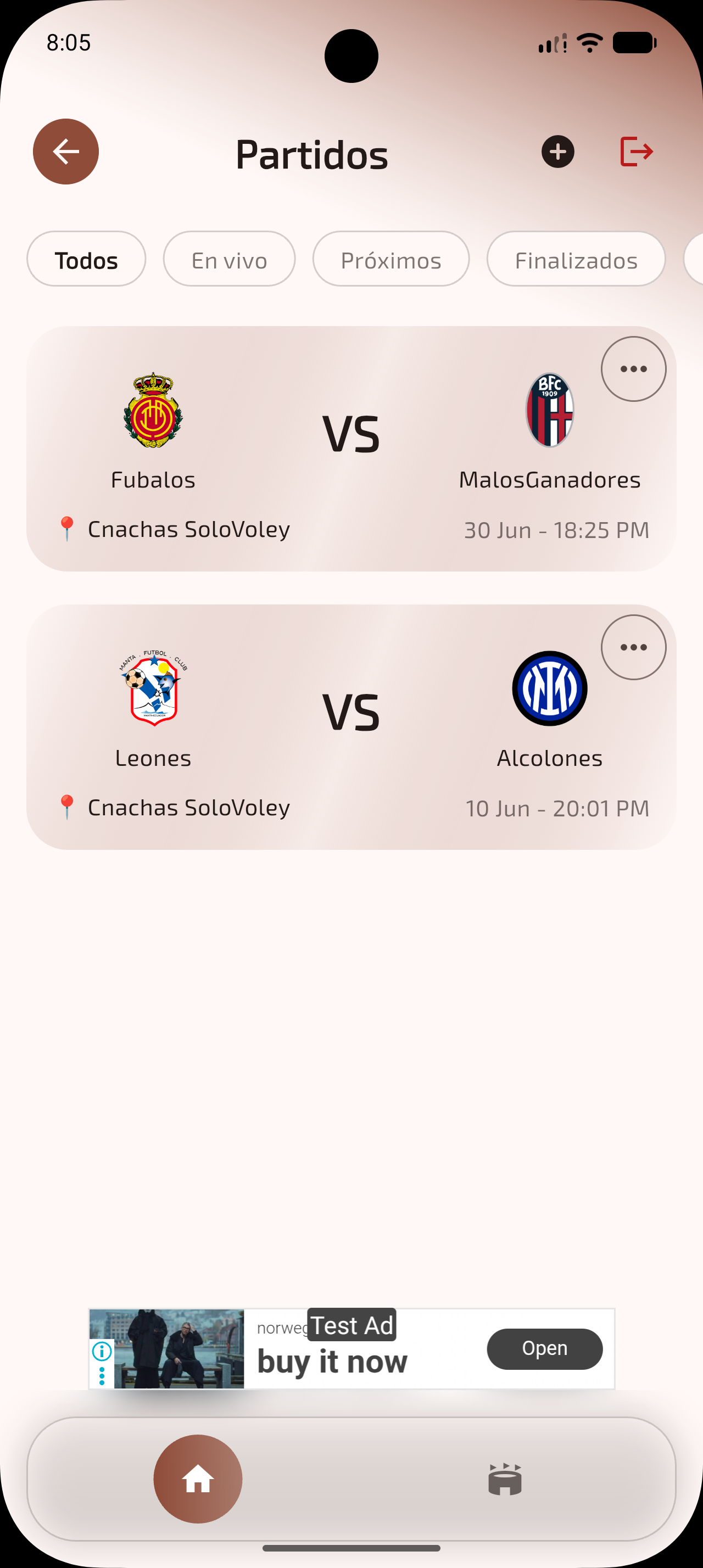Buscador de canchas y partidos de la app Ecuavoley